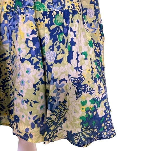 Talbots Cotton Tie Waist Button-Down Split Neck Yellow/Blue Floral Dress Size 4 - Picture 8 of 16